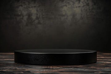 Poster - Black round podium on wooden table with dark wall background for product advertising