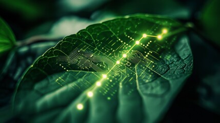 Aufkleber - Green leaf with superimposed circuit board and brain design, representing bio-technology or AI.