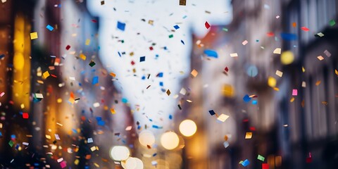 confetti falling on the street, colorful and vibrant, with a blurry background, a blue sky, and a ci
