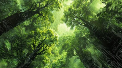 Poster - Lush green forest canopy viewed from below, overlaid with translucent digital elements.