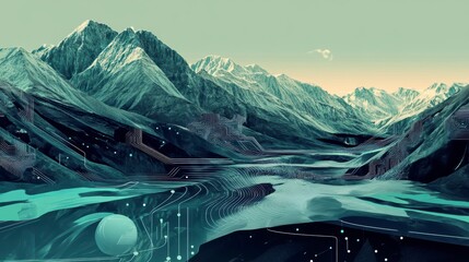 Poster - Futuristic teal mountain landscape with digital circuitry overlay.
