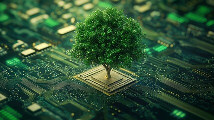 Poster - Lush green tree growing from a central processing unit on a circuit board, symbolizing sustainable technology.