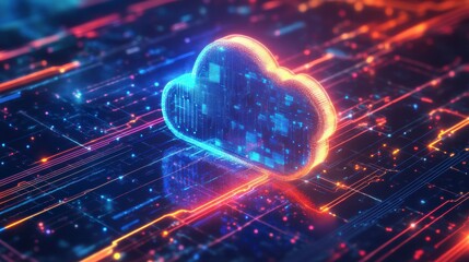 Poster - Glowing cloud computing symbol on digital circuit board.