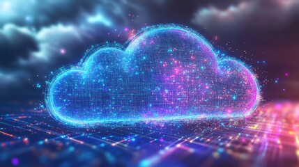 Poster - Glowing digital cloud symbol on circuit board, representing data storage and networking.
