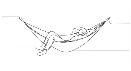 Minimalist line drawing of a person relaxing in a hammock on white background