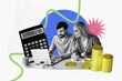 © deagreez - Creative design artwork collage of couple young lady man work together office manager calculator laptop income earnings budget cash bank