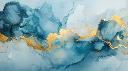 Poster - Abstract blue and gold ink painting with flowing, swirling patterns and textures.