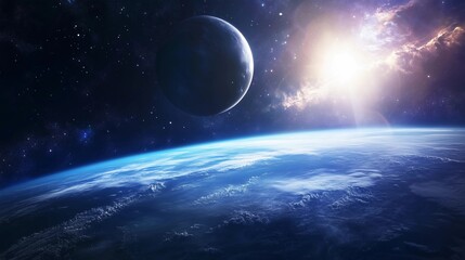 Wall Mural - a blue planet with a large moon in the sky. the moon is in the middle of the sky and the planet is s