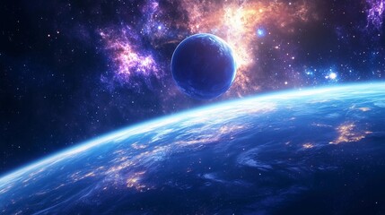 Wall Mural - a blue planet with a large, bright, and colorful moon in the sky. the moon is surrounded by a lot of