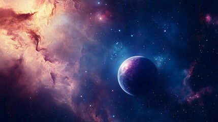 Wall Mural - a colorful space scene with a large planet in the center. the planet is surrounded by a cloud of gas