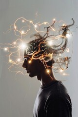 Poster - Young man basks in the glow of his own thoughts as a brain illustration shines overhead