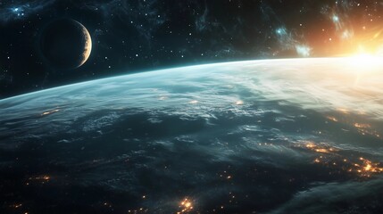 Wall Mural - a planet with a moon and stars in the background. the moon is in the foreground and the stars are sc