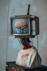 Poster - Concept image of artificial intelligence: robot displaying brain on tv screen with exposed cables and wires