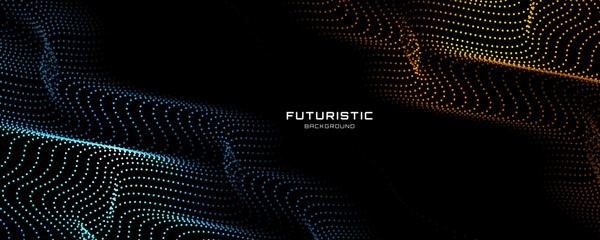 Wall Mural - 3d blue yellow techno background on dark space with dotted lines shape effect decoration. modern gra