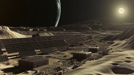 Poster - This Mining equipment is extracting regolith on an asteroid under a bright moon and distant planet.