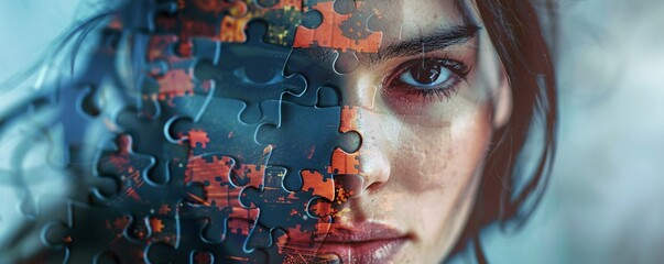 Poster - Businesswoman using puzzle pieces as a metaphor for problem-solving in the business world