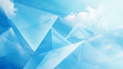 Poster - Abstract blue geometric shapes against a bright sky with clouds.