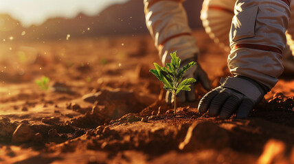 Fototapete - This Astronaut carefully cultivates a plant in asteroid regolith for resource extraction and mining.