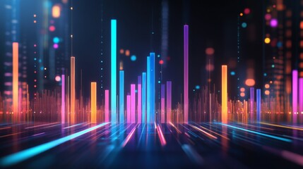 Poster - An interactive-looking D bar graph with pulsating bars, symbolizing changing financial trends, set against a sleek background for a futuristic feel.