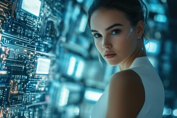 Leinwandbilder - A futuristic woman with glowing circuitry on her face, standing against a backdrop of technological designs.