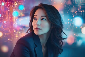 Aufkleber - A woman with long brown hair looks thoughtfully into the distance, a vibrant backdrop of circuit boards and bokeh lights suggesting technological advancement.