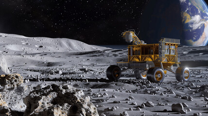 Poster - This Rover processes regolith on the asteroid surface for resource extraction amidst a starry backdrop.