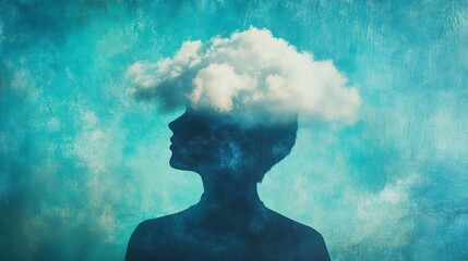Aufkleber - Woman's silhouette with a cloud as her head, symbolizing thought, imagination, or dreams.