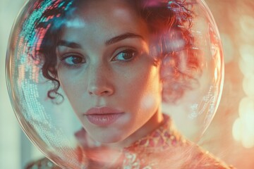 Poster - A woman's face is partially obscured by a transparent sphere displaying data streams, creating a futuristic and mysterious aesthetic.