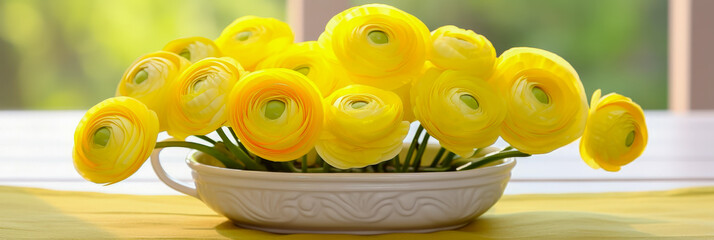 Poster - Beautiful yellow ranunculus flowers arranged in a decorative bowl on a table in a bright room
