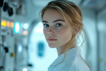 Poster - A young woman, possibly a scientist, looks over her shoulder in a sterile, medical setting.