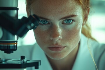 Poster - Focused female scientist intently examining samples through a powerful microscope in a scientific laboratory.