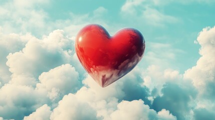 Aufkleber - A large red heart floats amidst fluffy white clouds in a bright blue sky.