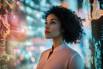 Poster - A woman thoughtfully observes a vibrant digital display, contemplating data streams and technological innovation.