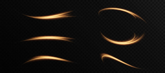 Fototapete - Orange gold light trail with neon effect bright glow on black background. Curved line with bright rays for futuristic and technological design.