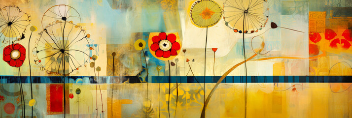 Aufkleber - Colorful abstract art featuring whimsical flowers and geometric shapes with a soothing background design
