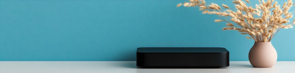 Poster - Minimalist Home Office Sanctuary Sleek Networking Router with Soft Ceramic Vase - Digital Connectivity Meets Serene Scandinavian Design Aesthetic
