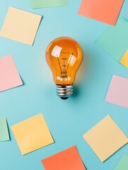 Poster - Innovative Brainstorming Concept Vibrant Creative Strategy Visualization with Illuminating Lightbulb and Pastel Sticky Notes - Modern Business Ideation Landscape