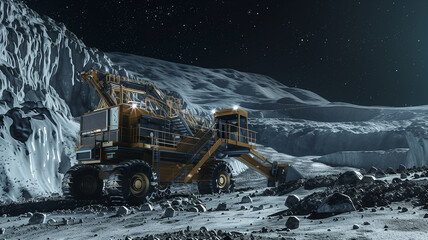 Poster - This machine excavates regolith on an asteroid at night, highlighting advanced technology.