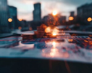 Aufkleber - Urban Financial Resilience Cinematic Micro-Investment Visualization with Sunset Bokeh - Next-Gen Wealth Strategy for Digital Entrepreneurs