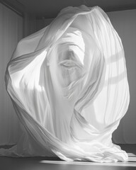 Poster - Ethereal Minimalism Sculptural White Fabric Installation Exploring Movement, Form, and Emotional Transformation in Contemporary Art