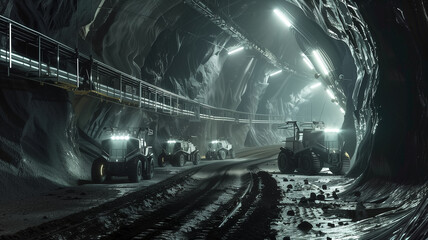 Poster - This Heavy machinery conducts regolith excavation in an illuminated asteroid mining tunnel.