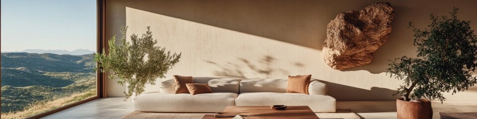 Leinwandbilder - Minimalist Desert Sanctuary Panoramic Biophilic Living Space with Earthy Textures, Natural Light and Expansive Landscape Views - Contemporary Wellness Design Retreat