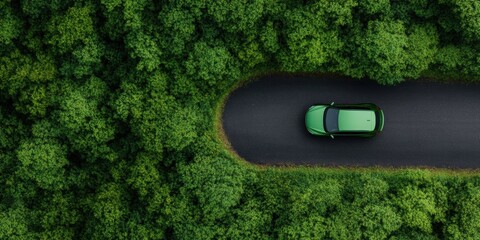 Aufkleber - Aerial Green Mobility Revolution Electric Vehicle Navigating Verdant Forest Landscape - Sustainable Transportation Breakthrough in Climate-Conscious Infrastructure Design