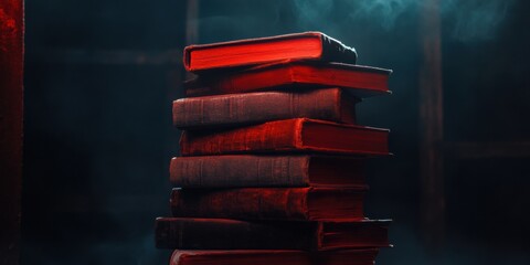 Poster - Dark Academia Aesthetic Moody Vintage Book Stack in Cinematic Lighting - Intellectual Storytelling and Creative Content Marketing for Knowledge Seekers