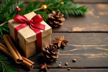 two christmas gift boxes adorned with cinnamon, pine cones & anise stars on rustic wood , garland, d
