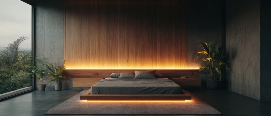 Leinwandbilder - Minimalist Urban Sanctuary Illuminated Platform Bed Design Showcasing Biophilic Architecture with Warm Ambient Lighting and Seamless Indoor-Outdoor Living Experience