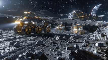 Poster - This Excavation vehicles navigate the lunar surface for regolith extraction near a refinery at night.