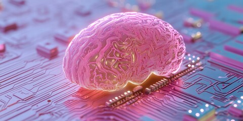 Fototapete - Neuromorphic AI Revolution Hyper-Realistic Pink Neural Network Processor Visualizing Quantum Computational Intelligence and Next-Gen Machine Learning Innovations