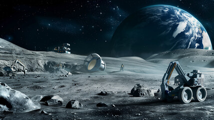 Poster - This Excavators work diligently on a moon's surface to extract regolith for refinery processes.