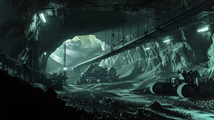 Poster - This Machines extract valuable resources from an asteroid's regolith within a dimly lit cavern.